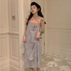 Cross Strap Camisole Top / Floral Print Denim Midi Overall Dress
