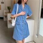 Short-sleeve V-neck Denim Slim-fit Dress