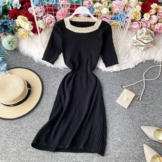 Square-neck Slim Cut A-line Dress Black - One Size