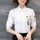 Elbow-sleeve Flower Embroidered Shirt