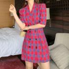 Short Sleeve Double Breasted Plaid Coatdress Red - One Size
