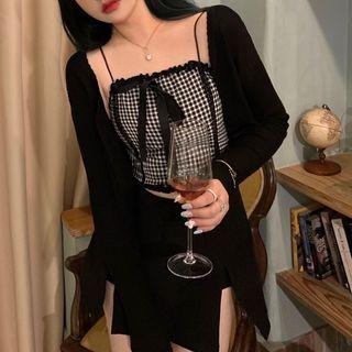 Gingham Cropped Camisole Top / Cardigan / Side-slit Mini Pencil Skirt