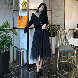 V-neck Sweater / Mesh Panel Sleeveless Dress