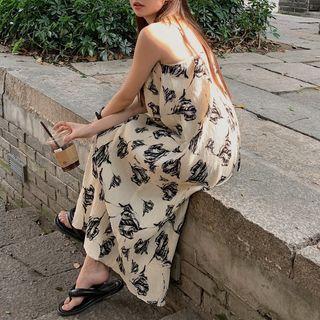 Spaghetti Strap Open-back Floral Dress Almond - One Size