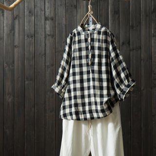 3/4-sleeve Plaid Henley Blouse