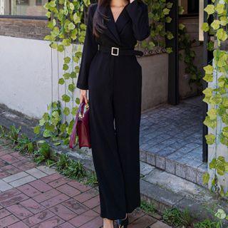 Notch Lapel Wide-leg Long-sleeve Jumpsuit