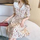 Short-sleeve Lace-trim Peter Pan Collar Floral Print A-line Dress