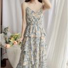Spaghetti-strap V-neck Floral Print Dress / Long-sleeve Chiffon Jacket