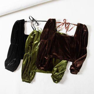 Velvet Tie-back Square-neck Blouse