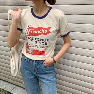 Contrast Trim Short-sleeve Printed T-shirt As Shown In Figure - One Size