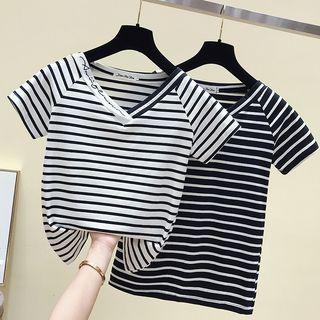 Short-sleeve Striped Letter Trim T-shirt