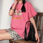 Bear Embroidered Short Sleeve T-shirt / Leopard Print Semi Skirt