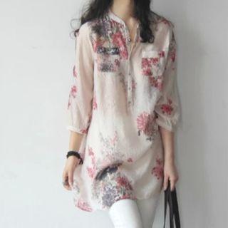 3/4-sleeve Flower Print Blouse
