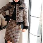 Set: Contrast Trim Buttoned Tweed Jacket + Tweed Skirt