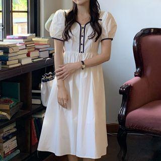 Contrast Trim Puff Sleeve Dress White - One Size