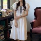 Contrast Trim Puff Sleeve Dress White - One Size
