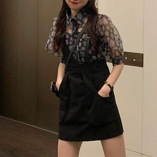 Short Sleeve Flower Print Shirt / A-line Pinafore Dress