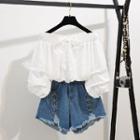 Off-shoulder Puff-sleeve Bow-accent Top / Ripped Denim Shorts