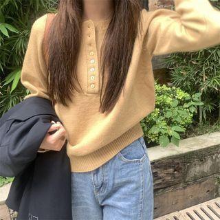 Long-sleeve Plain Knit Sweater Khaki - One Size