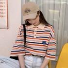 Elbow-sleeve Letter Embroidered Striped Polo Shirt