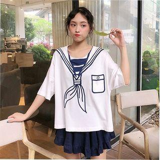 Sailor Collar Print Short-sleeve T-shirt