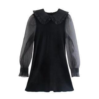 Long-sleeve Mesh Panel Knit Mini A-line Dress