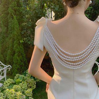 Spaghetti Strap Faux Pearl Open Back Shift Dress