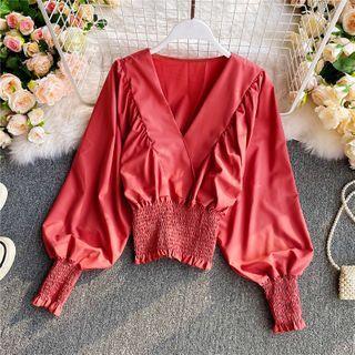 V-neck Smocked Bell-sleeve Blouse