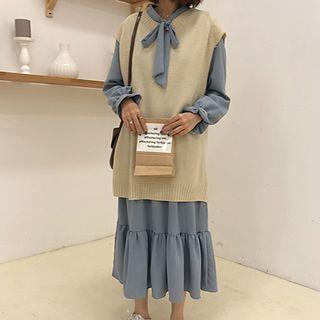 Long-sleeve Tie-neck A-line Midi Dress / Knit Vest