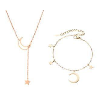 Set: Alloy Moon & Star Necklace + Charm Bracelet Set - Gold - One Size