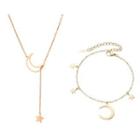 Set: Alloy Moon & Star Necklace + Charm Bracelet Set - Gold - One Size