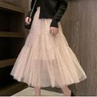 Glitter Tiered Midi A-line Mesh Skirt