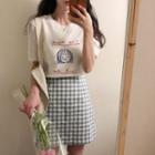 Printed Short-sleeve Top / Checked Skirt