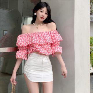 Off-shoulder Plaid Cropped Blouse / Side-slit Mini Pencil Skirt