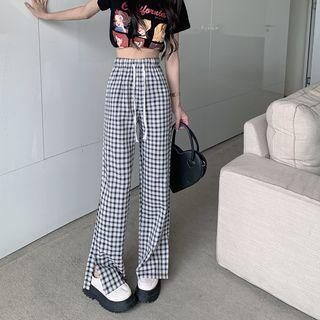 Drawstring Waist Plaid Slit Straight Leg Pants Black & White - One Size