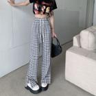 Drawstring Waist Plaid Slit Straight Leg Pants Black & White - One Size