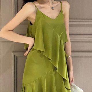 V-neck Ruffled-trim Spaghetti Strap Dress
