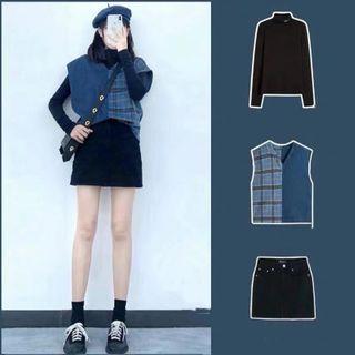 Set: Long-sleeve Top + Plaid Panel Vest + Mini A-line Skirt