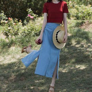 Set: Short-sleeve Top + Denim Skirt