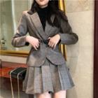 Plaid Blazer / Mini Plaid Pleated A-line Skirt