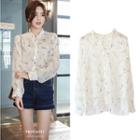 Frill Trim Long-sleeved Floral Print Stand Collar Loose-fit Chiffon Top