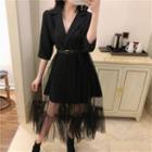 3/4-sleeve Mesh Panel Midi A-line Dress