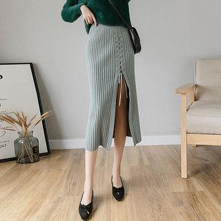 Lace-up Midi Fitted Knit Skirt