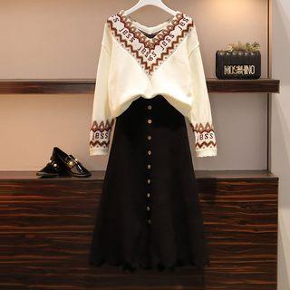 Set: Printed V-neck Sweater + Midi A-line Skirt