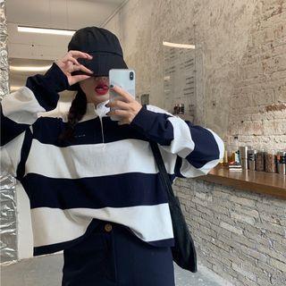 Striped Polo Sweatshirt Navy Blue - One Size
