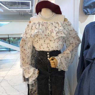 Bell-sleeve Cold-shoulder Floral Print Blouse