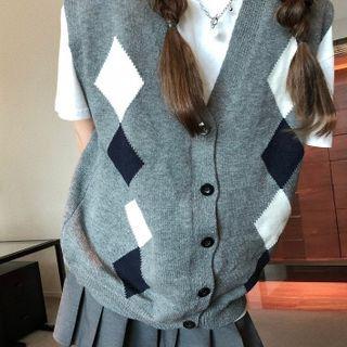 Diamond Pattern Button Sweater Vest Gray - One Size