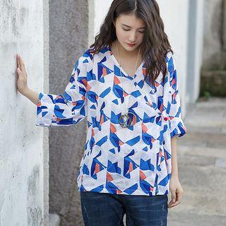 Long Sleeve Patterned Frog-buttoned Blouse Orange & Blue & White - One Size