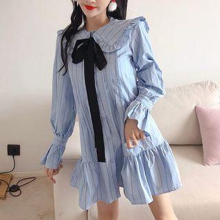 Long-sleeve Striped Mini Dress Sky Blue - One Size