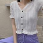 Frilled Trim Short-sleeve Knit Cardigan White - One Size